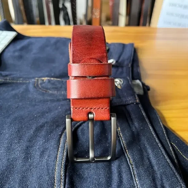 019#复古头层牛皮男士皮带手工针扣百搭休闲真皮腰带男款