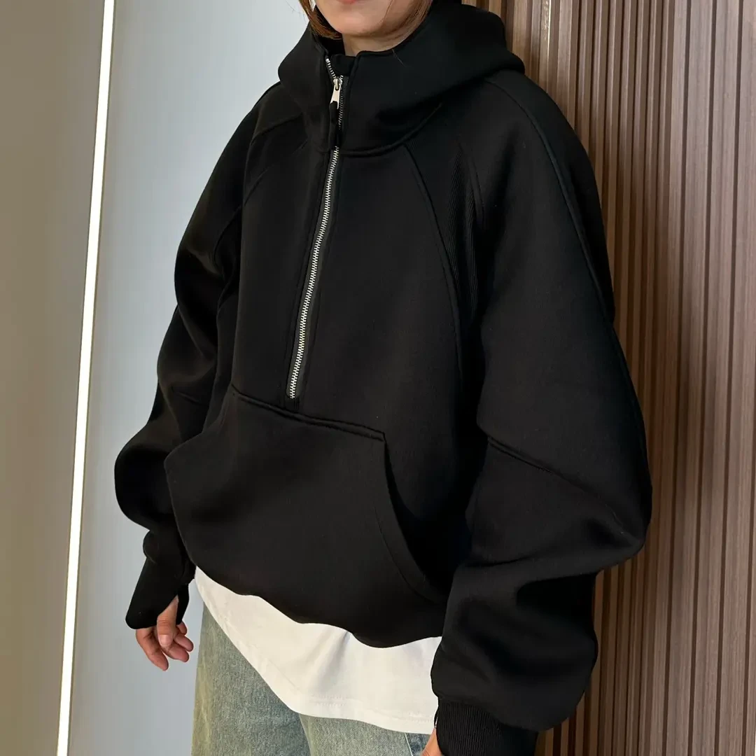 秋季新款百搭男女机车风半高领连帽卫衣Cleanfit短宽休闲卫衣男生