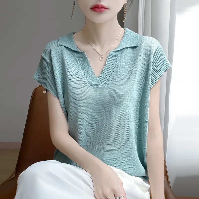 今年流行爆款纯色Polo领飞飞袖针织衫女冰丝亚麻气质显瘦T恤上衣