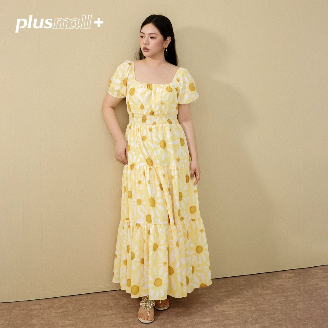 PLUSMALL 波兰落日 度假氛围感太阳花卉印花收腰连衣裙PM2503194