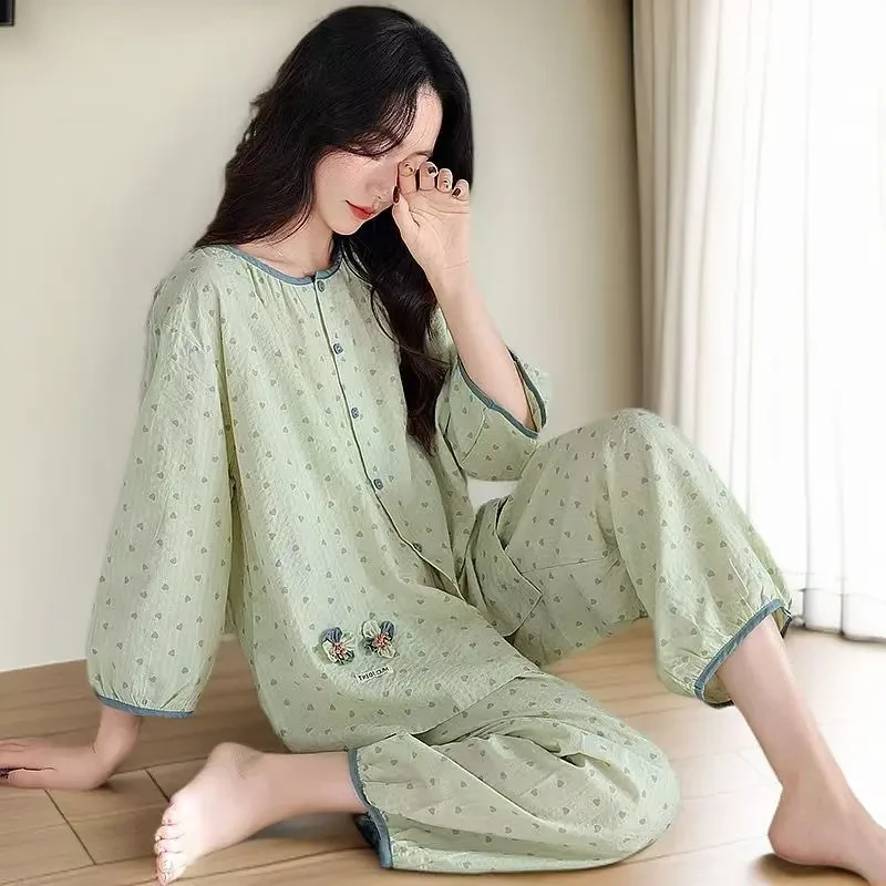 睡衣女夏季开衫春秋款七分袖长裤套装薄款清新大码可外穿家居服