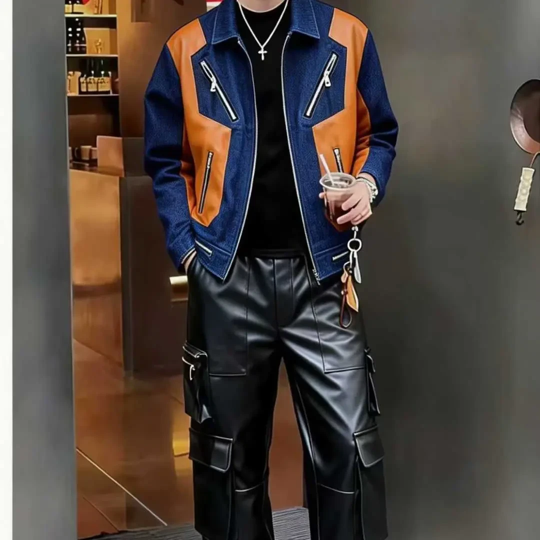 2515春季新款复古工装风拼接牛仔男士夹克外套潮流时尚