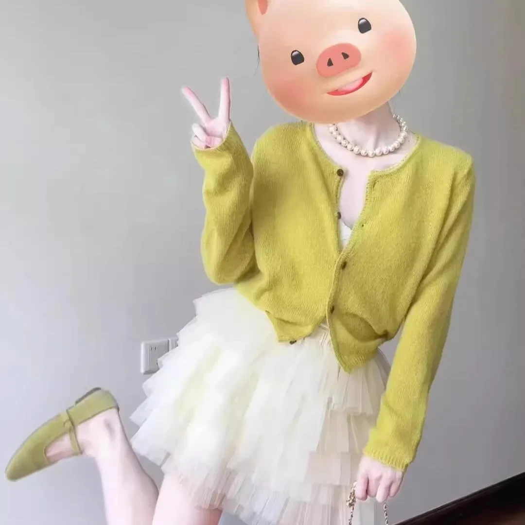 开春季黄色短款长袖上衣开衫女装韩系温柔气质慵懒风薄款针织小衫