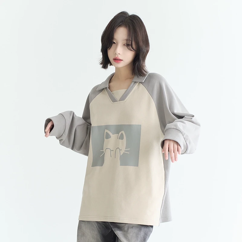 万有引力博物馆 拼接撞色翻领卫衣女秋季2025新款插肩袖宽松上衣