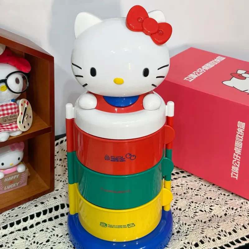 KT三层旋转收纳盒摆件可爱猫头收纳架女生礼物送闺蜜饰品卡通家用