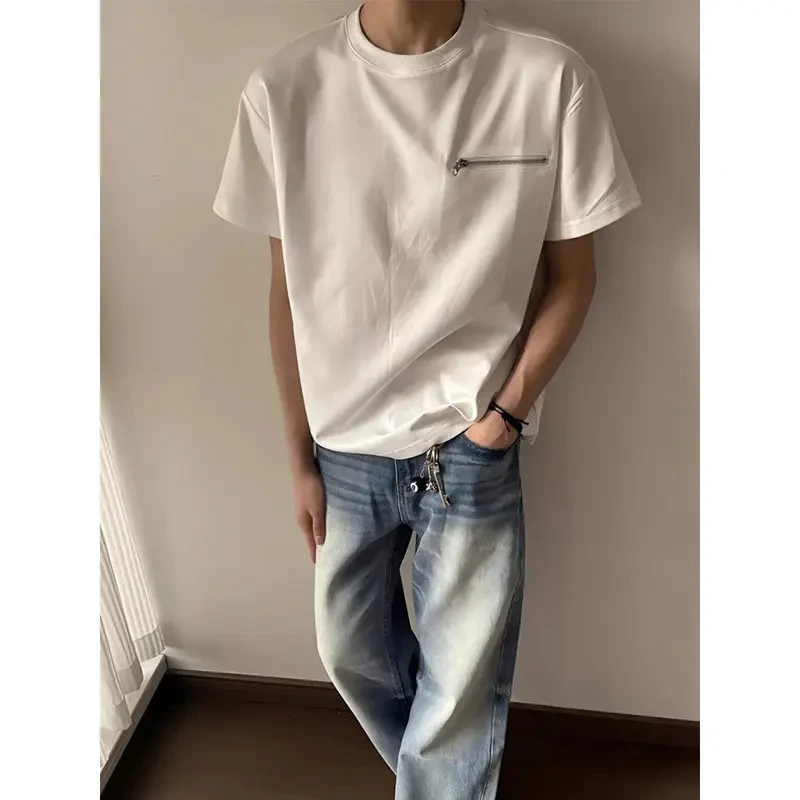 雾海kiss拉链装饰短袖男夏季美式重磅小领口T恤cleanfit正肩半袖