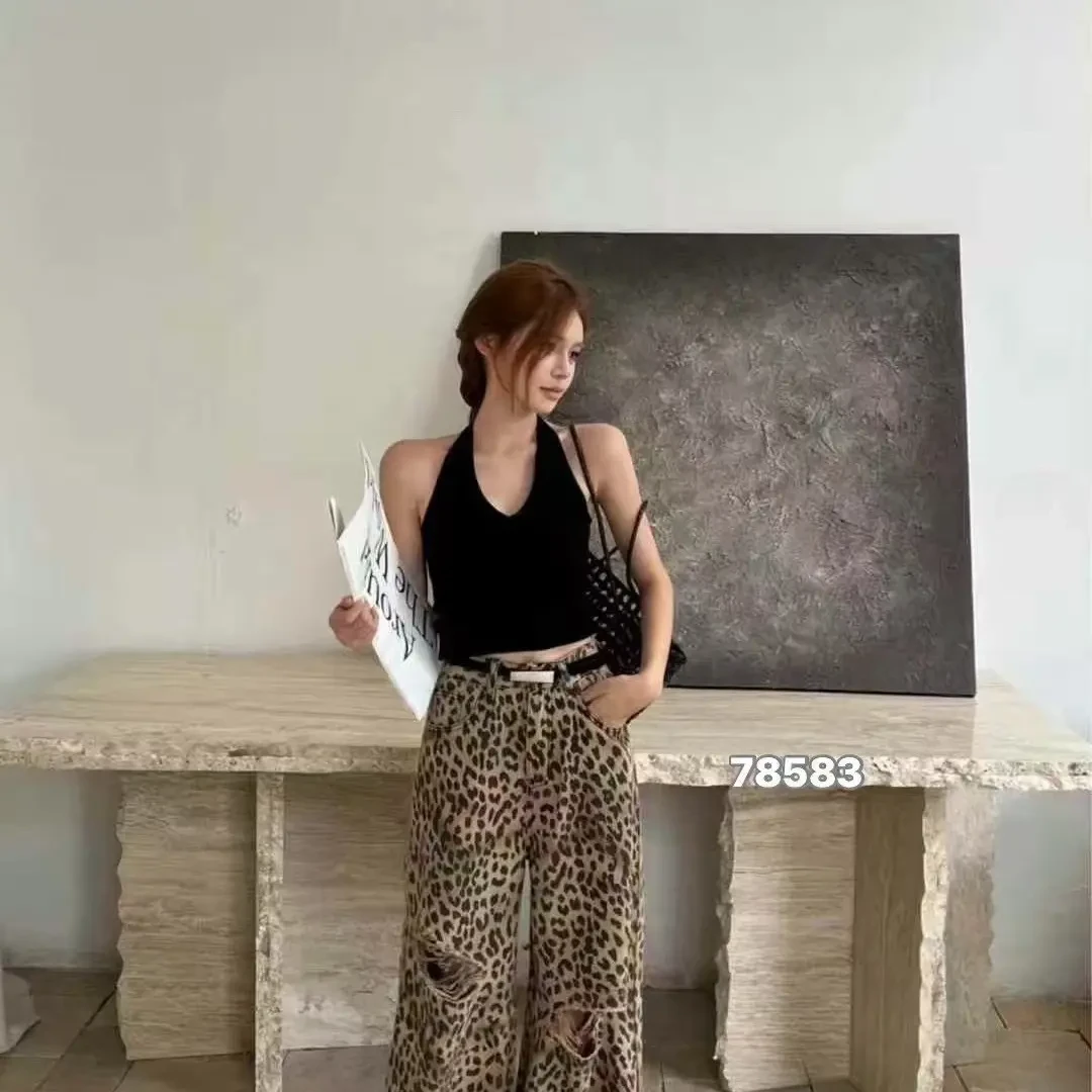 夏季高腰薄款豹纹牛仔裤