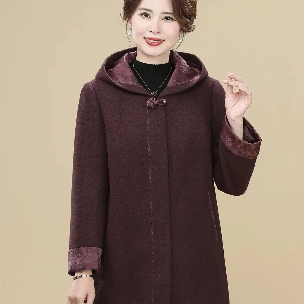 中老年女装秋冬中长款连帽加厚毛呢大衣洋气舒适妈妈装外套加绒