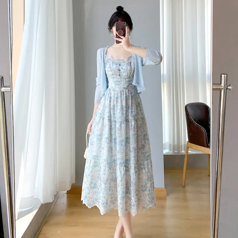 碎花吊带连衣裙女2025夏季新款款法式气质收腰显瘦中长款仙女裙子