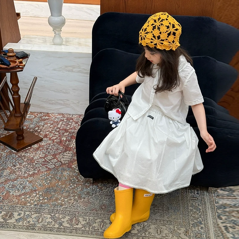 SKC2544女童韩版衬衫短袖套装夏装新款纯白学院风翻领上衣半身裙