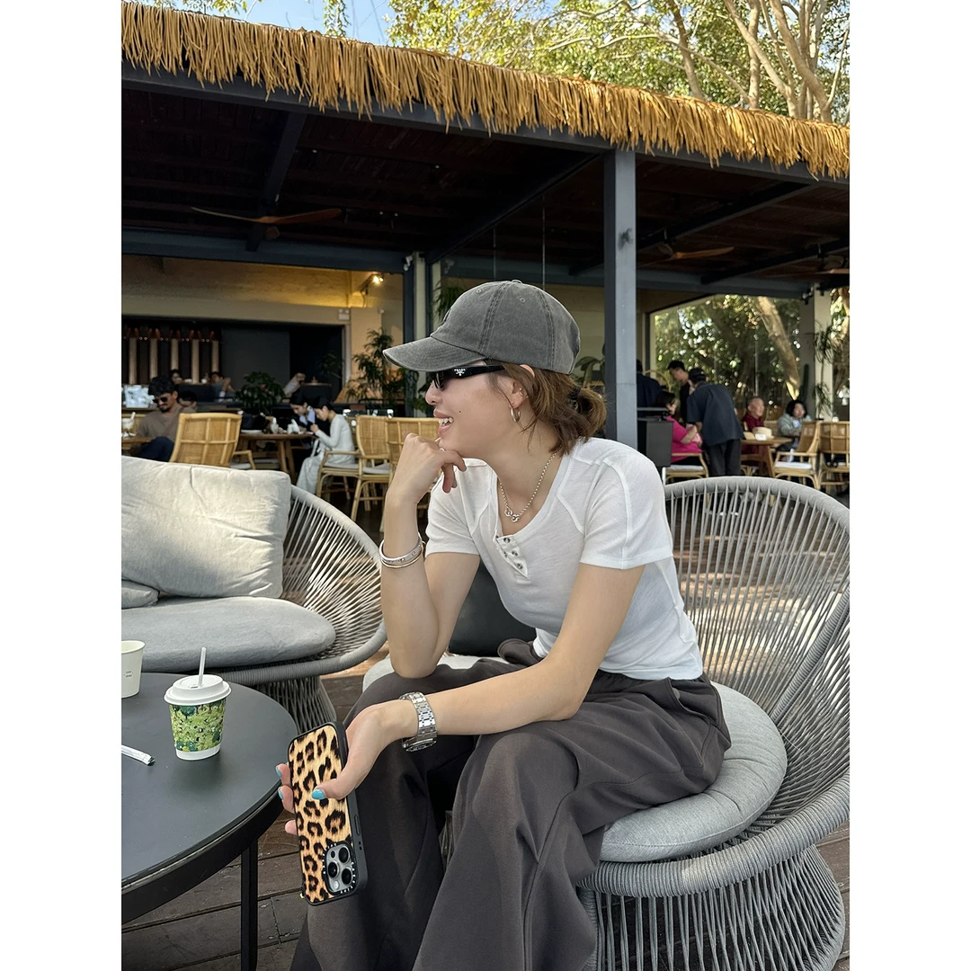 YANGLE_2025春季新款羊毛短袖T恤女亨利领设计感显瘦正肩针织上衣