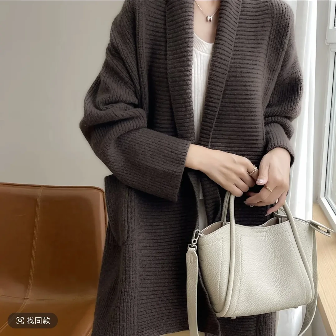 秋冬新款中长款开衫厚款元宝针100纯羊毛大衣外套女