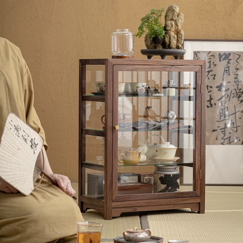 透明玻璃文玩展示柜落地一体胡桃木收纳柜子桌面实木置物柜储物柜