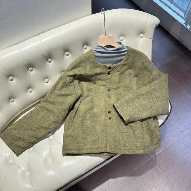 新中式亚麻高端过冬棉服日常通勤气质舒适秋冬短款棉服原创设计