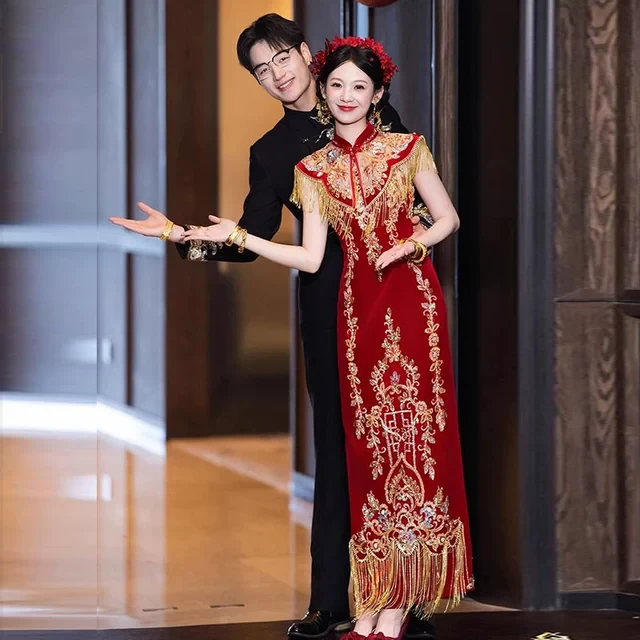 新中式订婚礼服裙婚礼旗袍披肩秀禾服刺绣回门服新娘高级感敬酒服