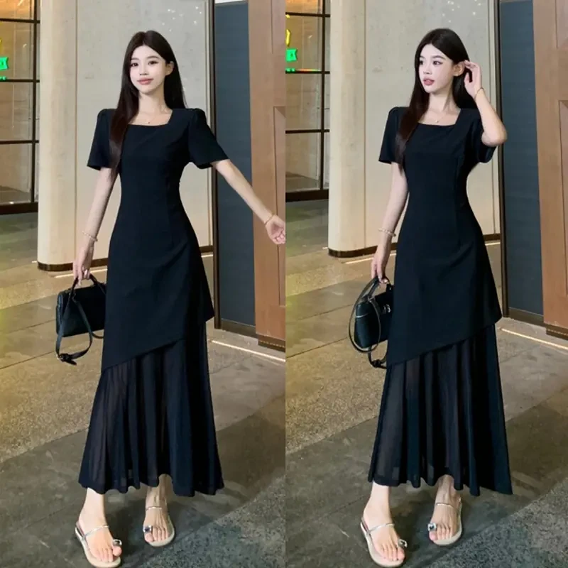 夏季大码胖mm韩版气质方领显瘦遮肚子网纱拼接小黑裙子连衣裙女