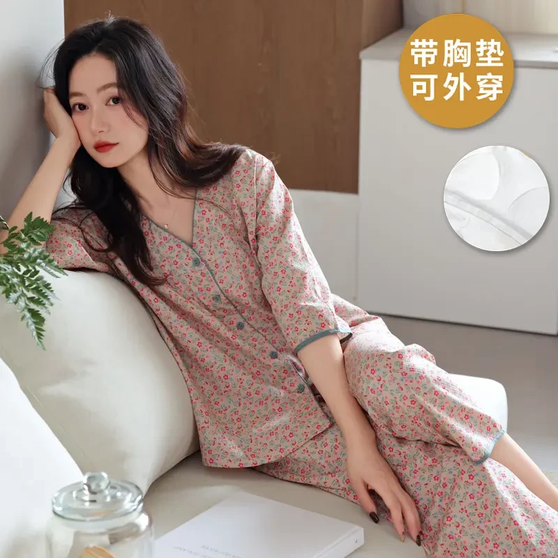 带胸垫睡衣女士春秋季薄款七分袖2025新款夏季碎花大码家居服套装