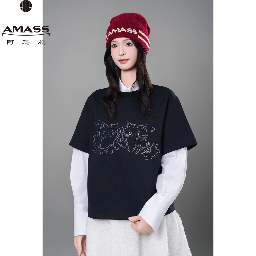 AMASS/阿玛施春夏时尚新款休闲百搭简约印花短袖圆领T恤女 530088