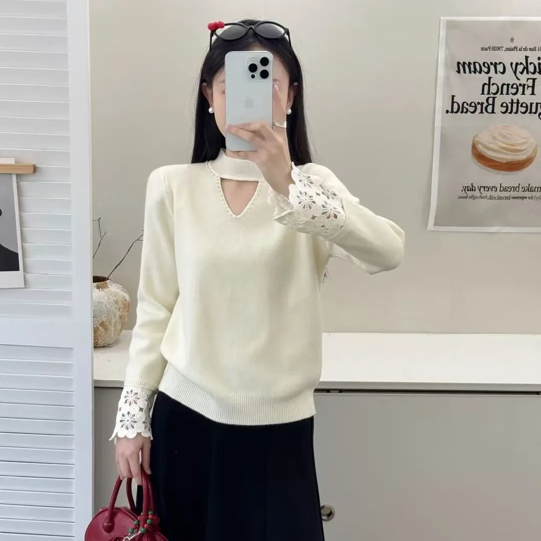 秋冬半高领镂空钉珠毛针织衫女百搭显瘦内搭上衣