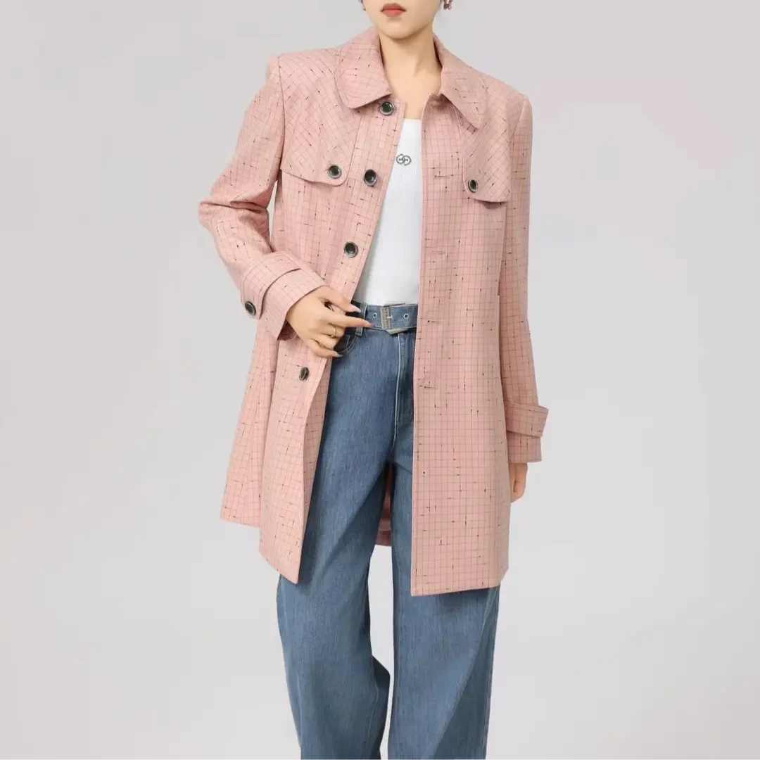 GIRDEAR/哥弟新款气质复古经典时尚简约千鸟格翻领风衣/1400763