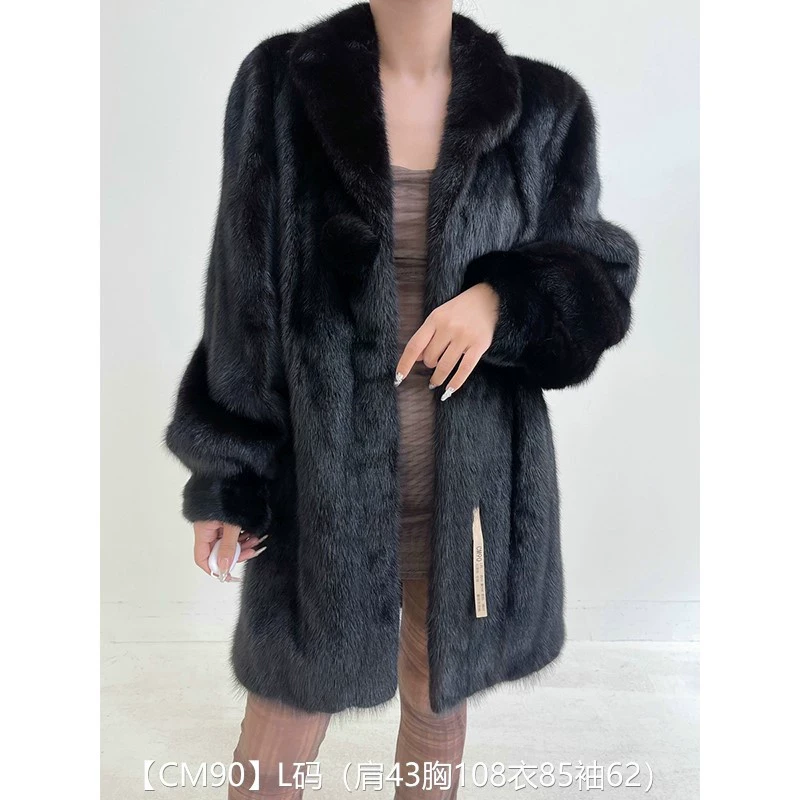 【CM90】L码 红黑色全抽中长款貂皮大衣皮草外套 翻领泡泡袖