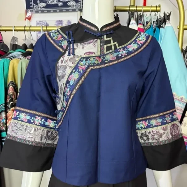 少数民族布依族壮族藏蓝色土布刺绣复古重工民族风上衣