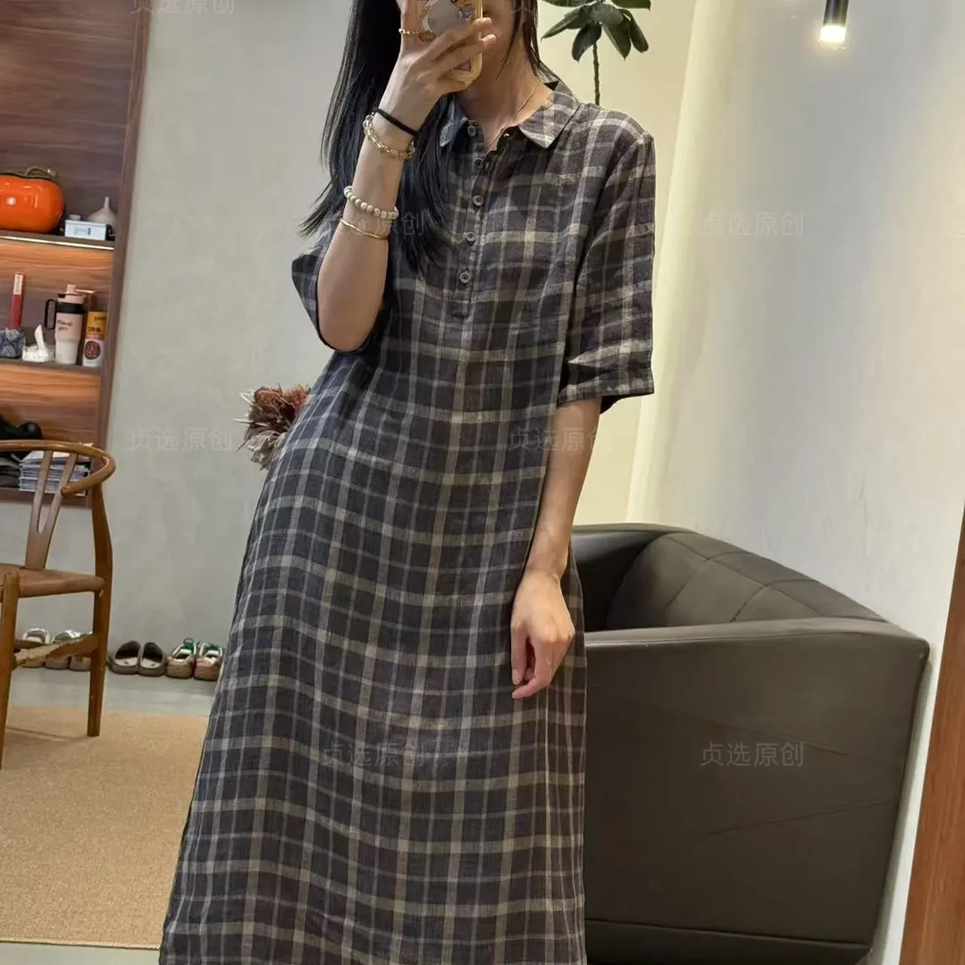 1340-中长款夏季复古立领格子亚麻连衣裙常规套头长裙显瘦