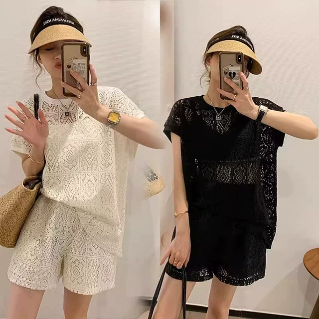 大码女装设计感镂空短袖T恤短裤套装女夏新款洋气时髦显瘦两件套