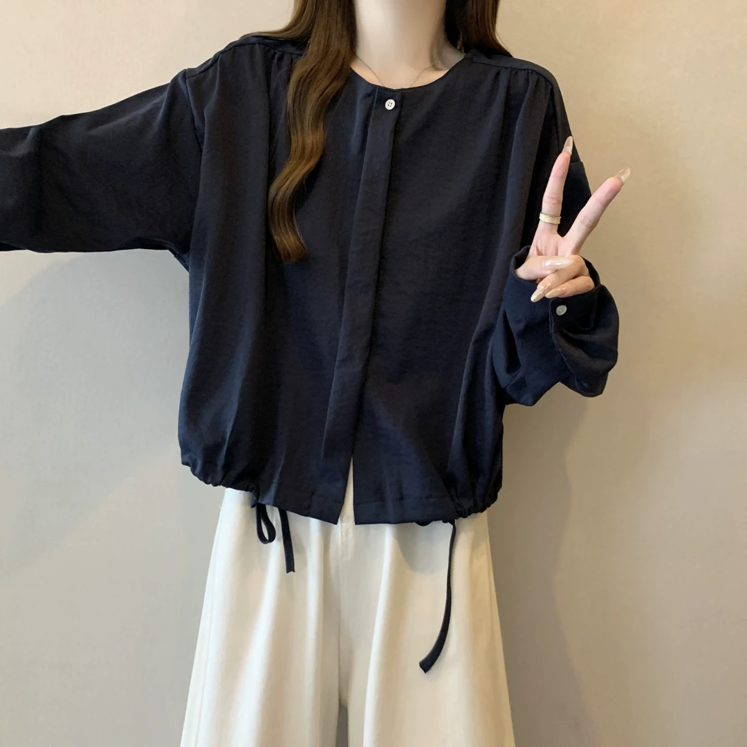 微胖妹妹大码2025春季新款休闲抽绳长袖衬衫女宽松减龄百搭上衣潮