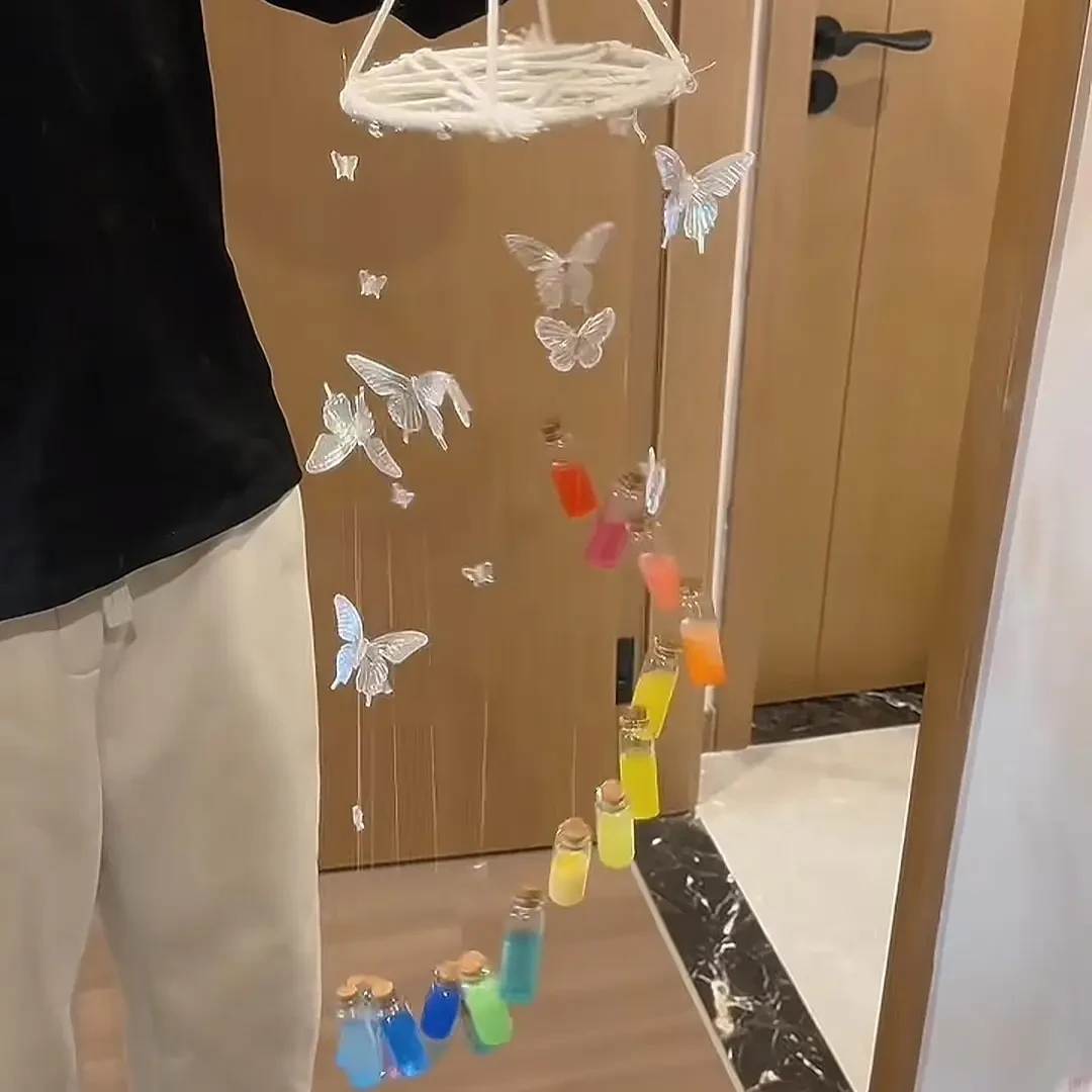 彩虹玻璃瓶diy蝴蝶风铃材料包挂件炫彩梦幻风铃挂创意送闺蜜礼品