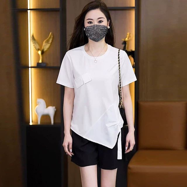 2025夏季大码女装T恤时尚胖妹妹宽松遮肚减龄不对称百搭短袖上衣