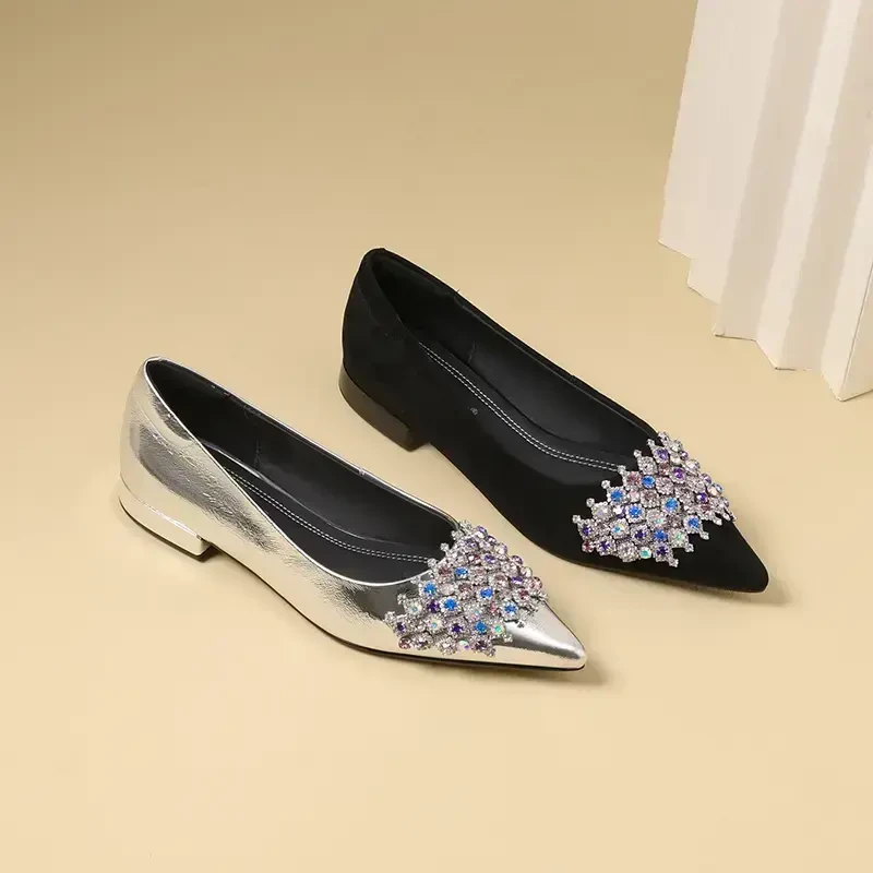 AMEINOR2025夏季新款璀璨水钻尖头魅力精致时尚真皮浅口平底女鞋