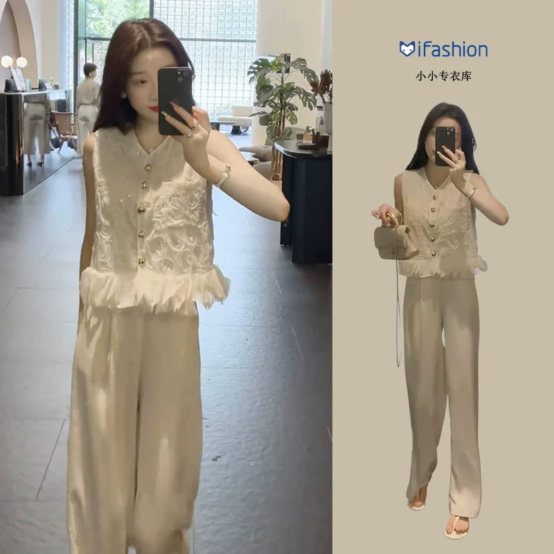 小香风套装夏季无袖提花马甲衬衫轻奢高级感夏日穿搭阔腿裤两件套