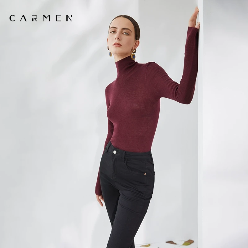 卡蔓无缝一体成型德国扬子纱超细高领衫女24秋冬红色针织毛衣