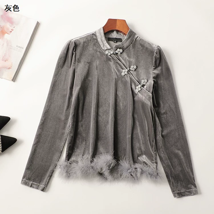 245019春丝绒钉珠国风中长款长袖立领上衣新奇特