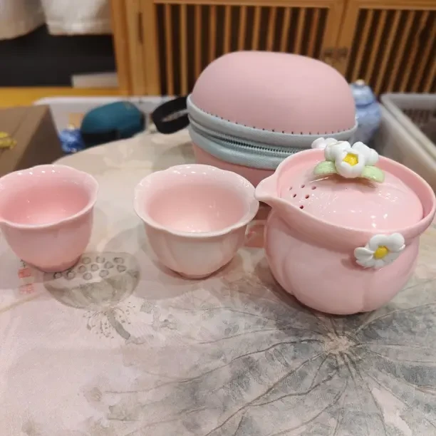 粉色手工捏花旅行快客杯便携出行个人专用茶具外出H316
