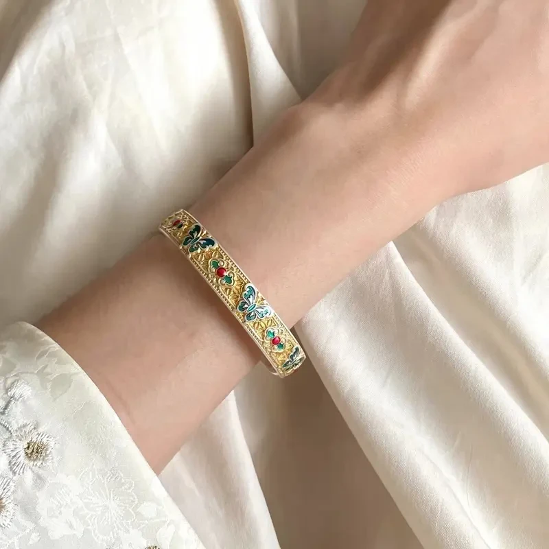 足银珐琅手镯 足银凤翎银珐琅心经描金开口银镯子新中式手环礼物