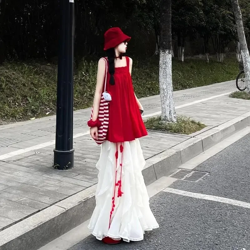 多巴胺穿搭套装女时尚减龄无袖吊带背心不规则荷叶边半身长裙