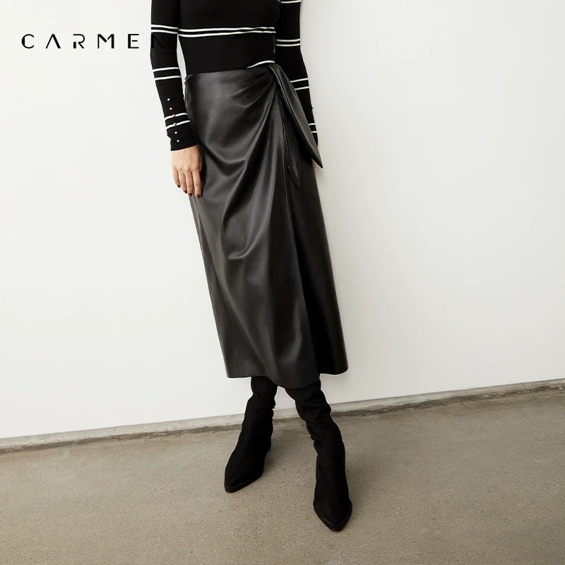 Carmen进口PU皮半身裙女24秋冬新款高腰设计感显瘦气质中长款长裙