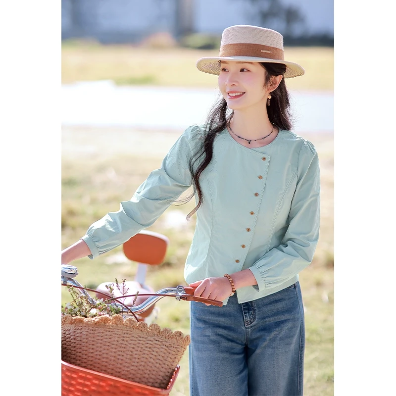 红念纯棉衬衫女长袖设计感修身款小众春装2025年新款气质春秋上衣