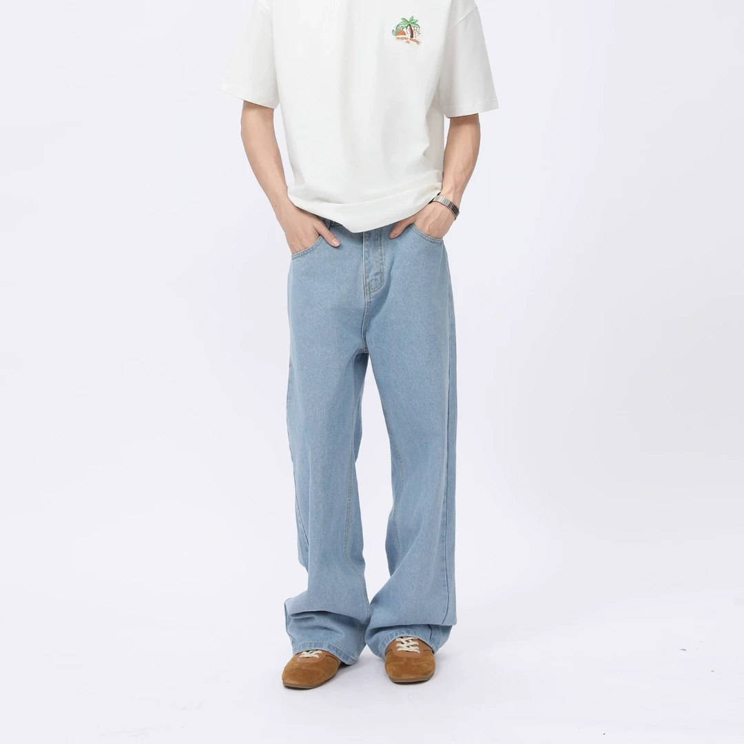 Voguo Relay纯色cleanfit水洗蓝牛仔裤韩版男女阔腿休闲直筒长款