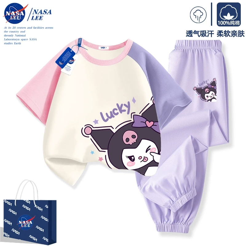 NASA库洛米女童夏季套装2025新款小女孩洋气多巴胺短袖防蚊长裤潮