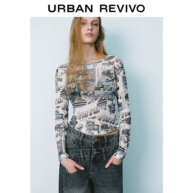 UR2025春季新款女装欧若风美式复古满印短款修身长袖T恤UYV450019
