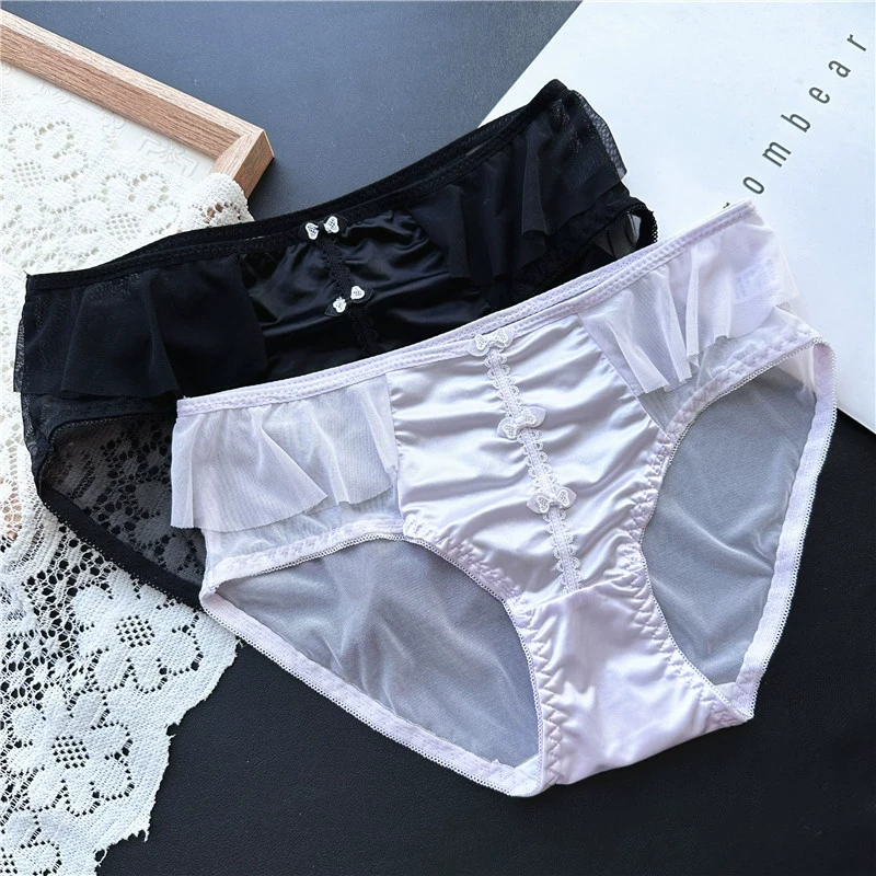 【2条装】温柔荷叶边网纱冰丝蕾丝可爱性感纯欲轻奢中腰女内裤