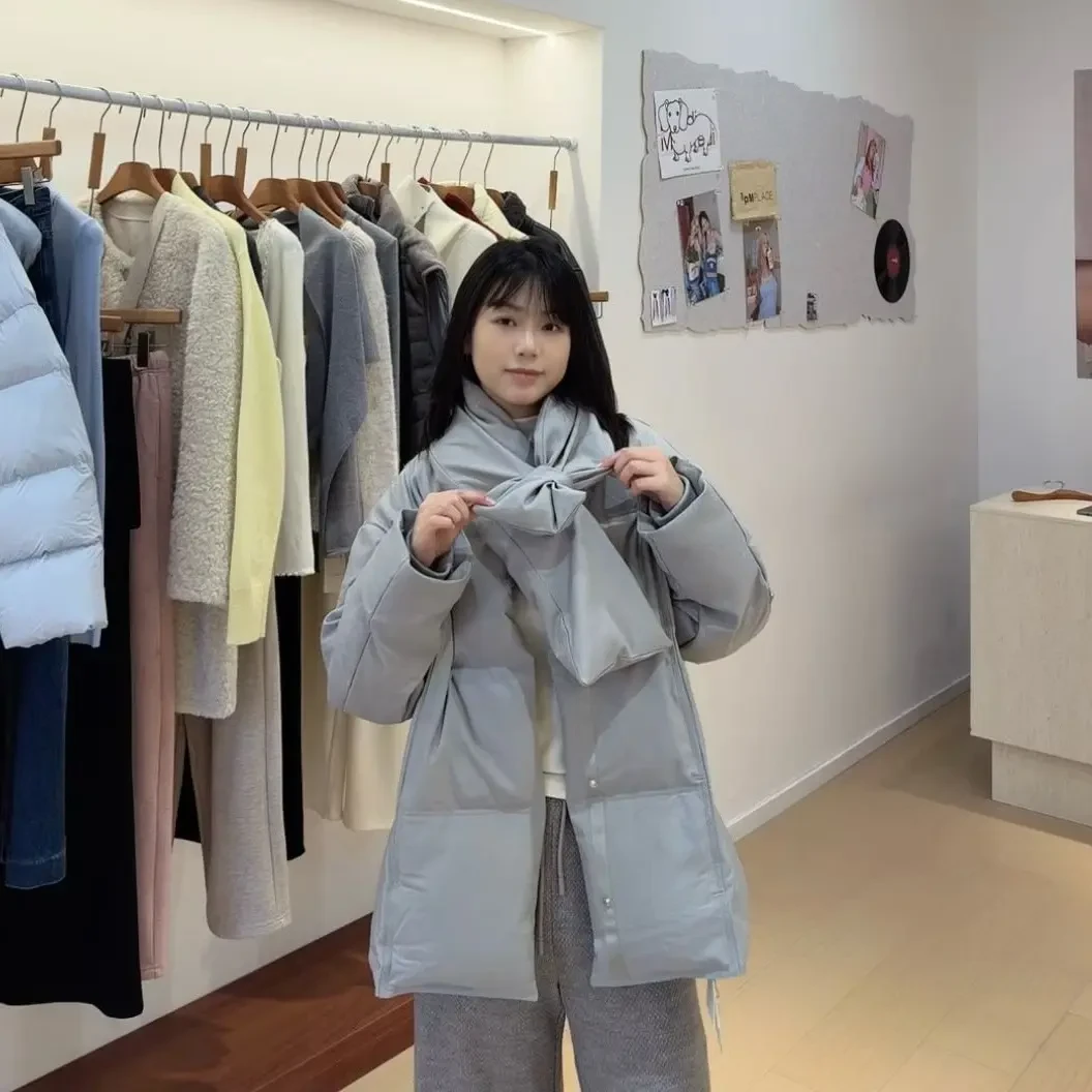 冬季韩系休闲简约保暖中长款白色立领交叉白鸭绒外套女