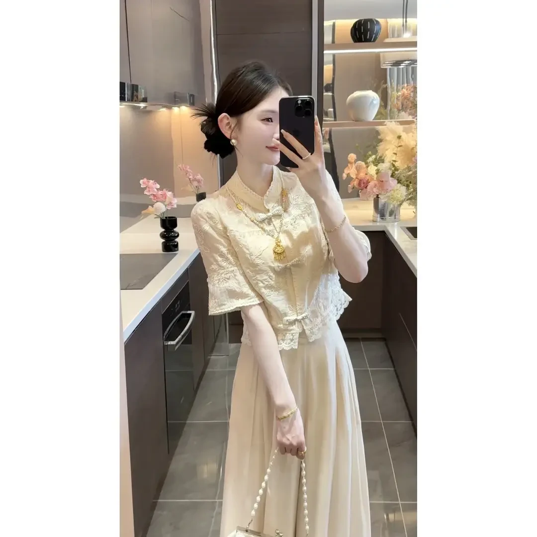 2025新款夏季新中式刺绣盘扣蕾丝边上衣高腰显瘦阔腿裤两件套装女