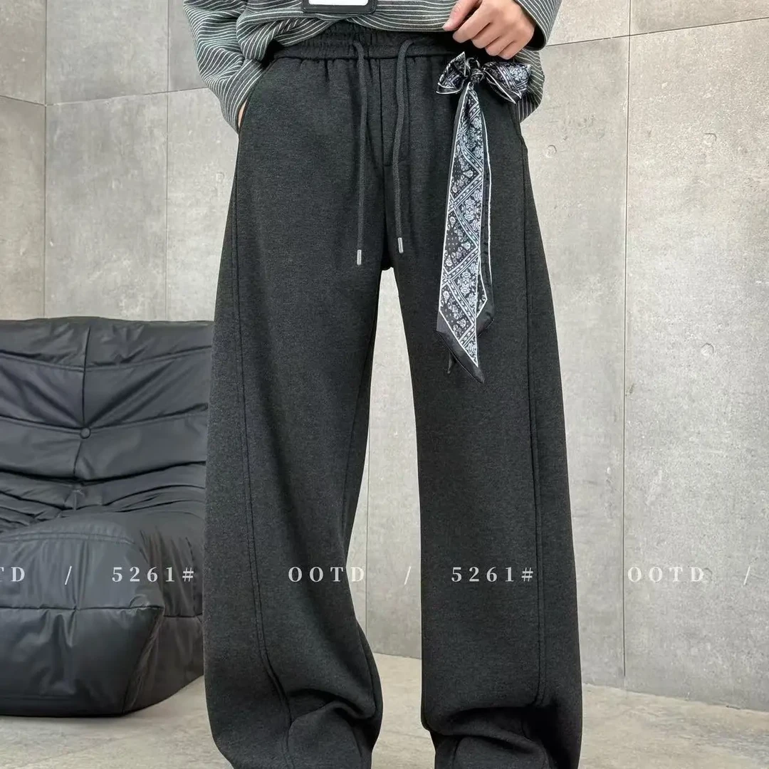 冬季新款男女加绒加厚呢阔腿弯刀裤