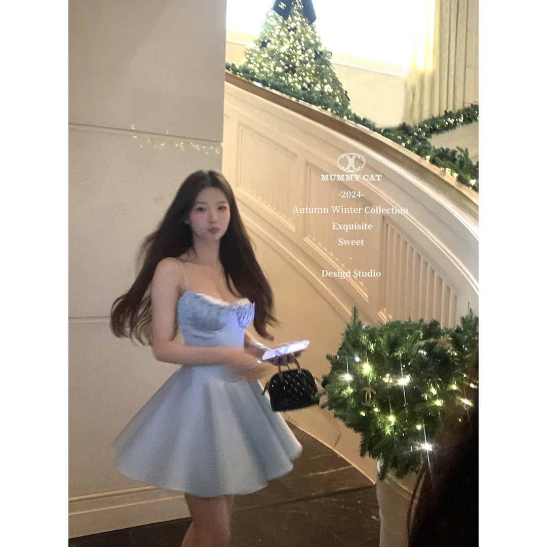 Mummy Cat下蛋喵 升级版加色 重磅缎褶皱生日蓝色礼服吊带连衣裙