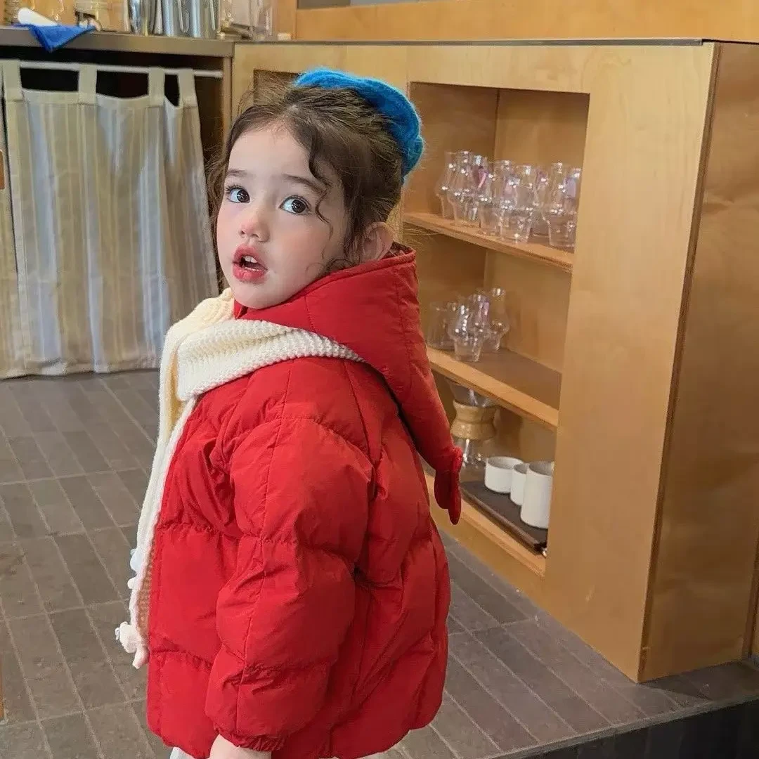 女童冬季新款韩系洋气连帽加厚白鸭大红色