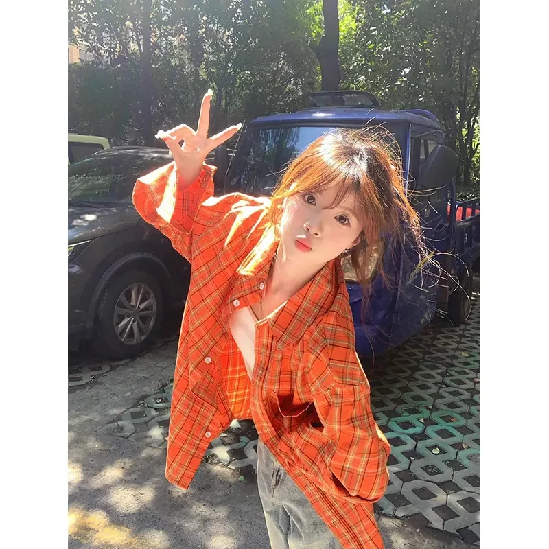 美式复古橘色格子长袖衬衫女秋季慵懒风翻领衬衣clea复古格子防晒